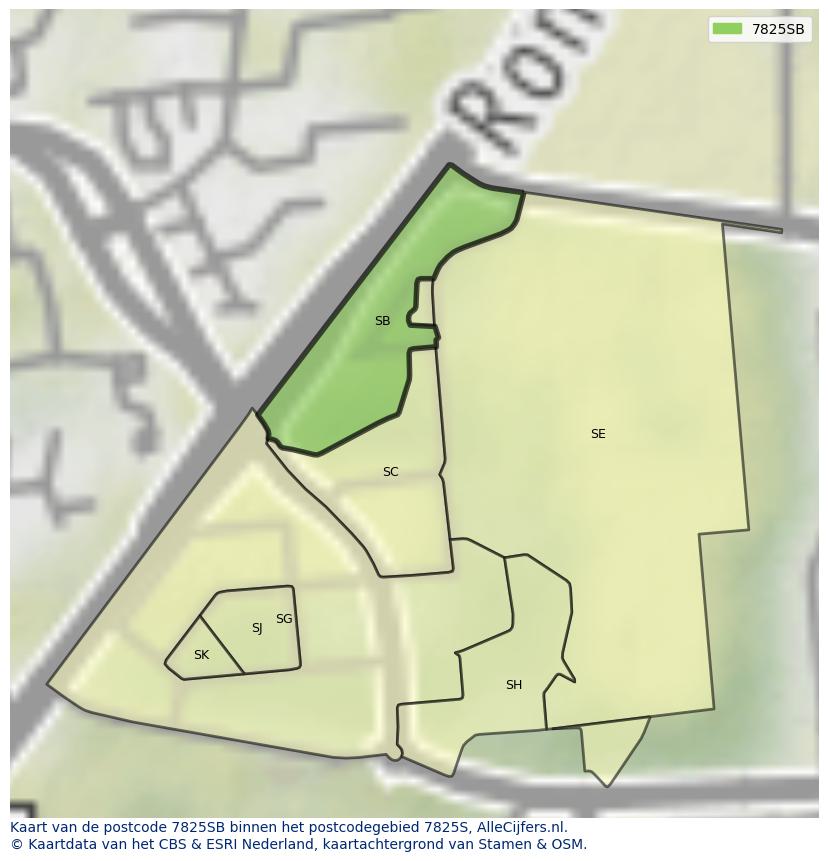 Afbeelding van het postcodegebied 7825 SB op de kaart.