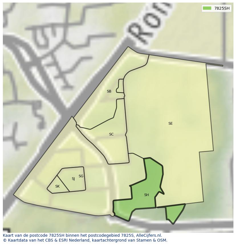 Afbeelding van het postcodegebied 7825 SH op de kaart.