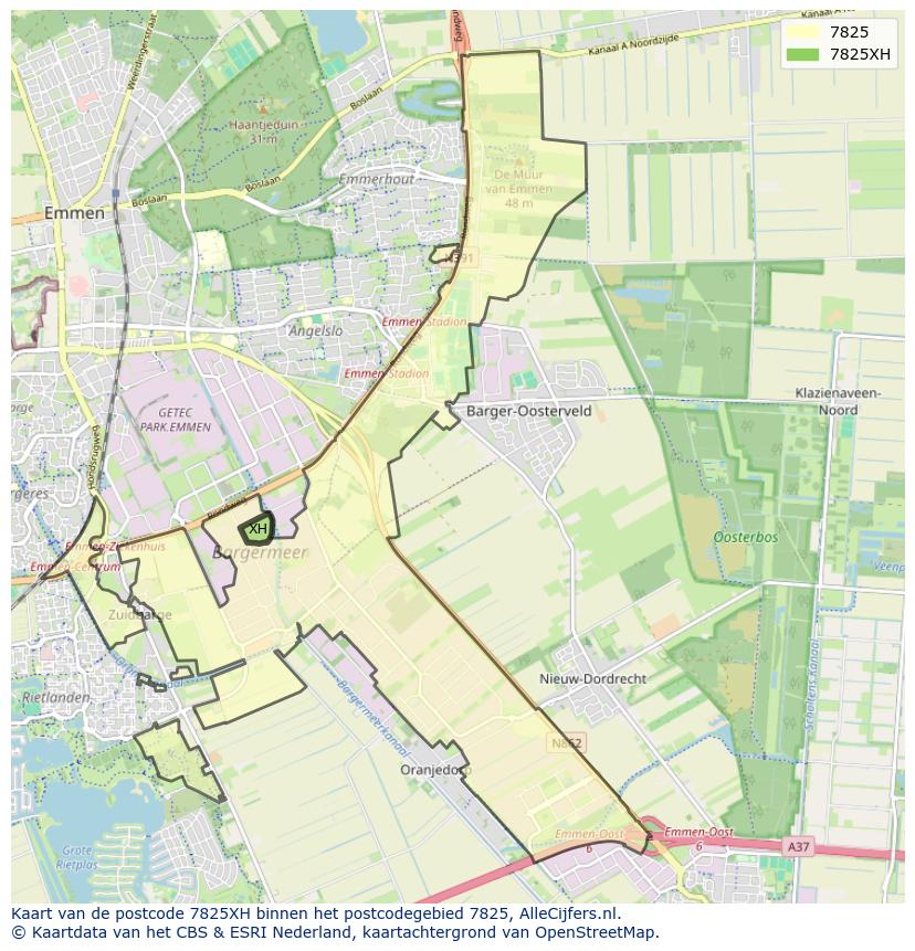 Afbeelding van het postcodegebied 7825 XH op de kaart.