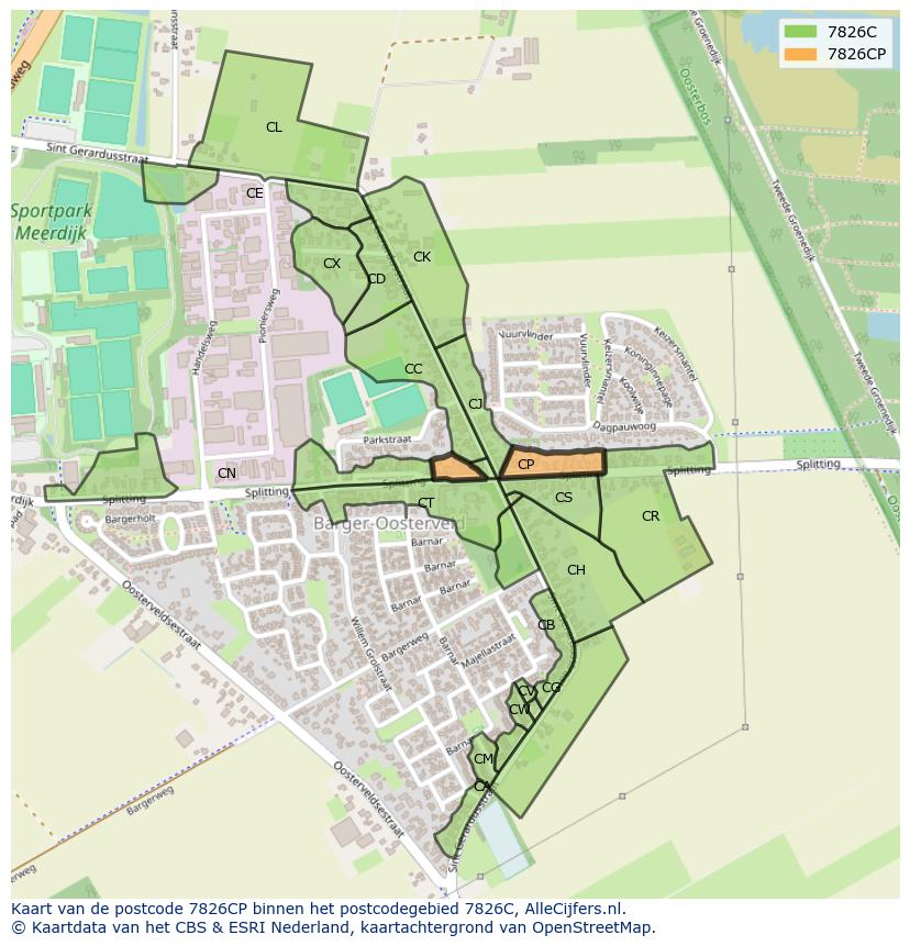 Afbeelding van het postcodegebied 7826 CP op de kaart.