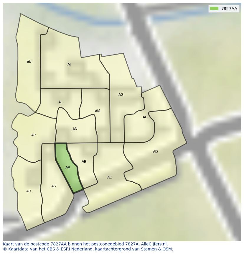 Afbeelding van het postcodegebied 7827 AA op de kaart.