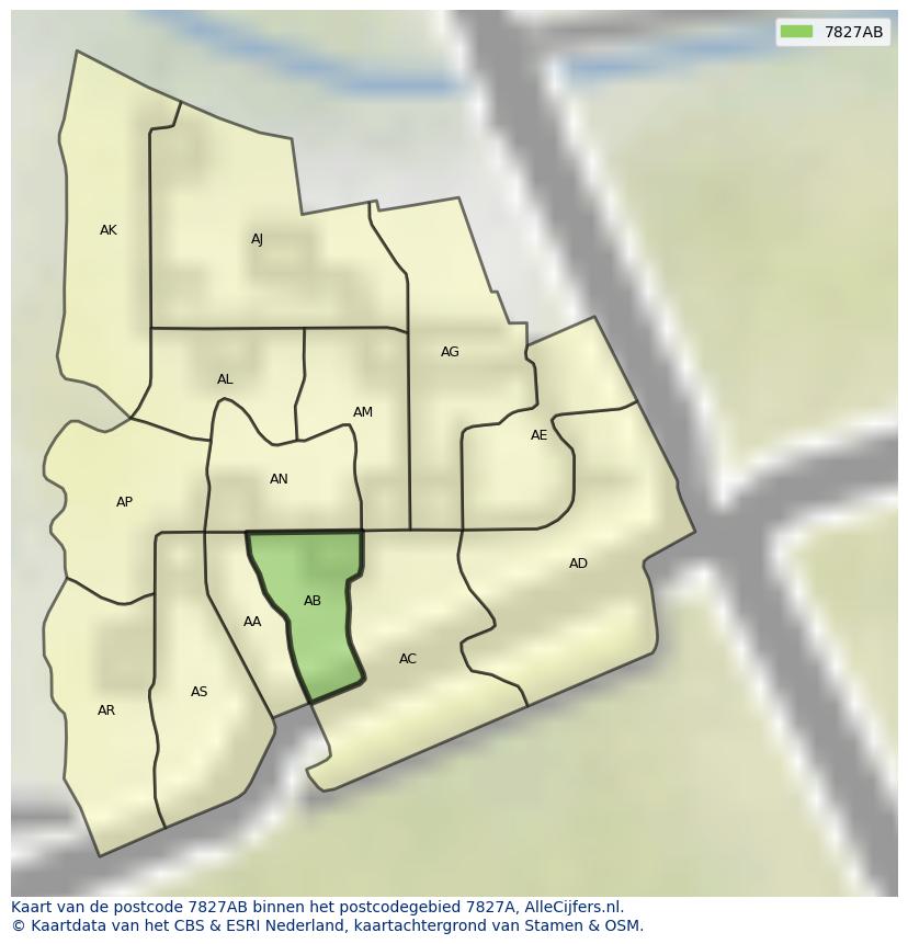 Afbeelding van het postcodegebied 7827 AB op de kaart.