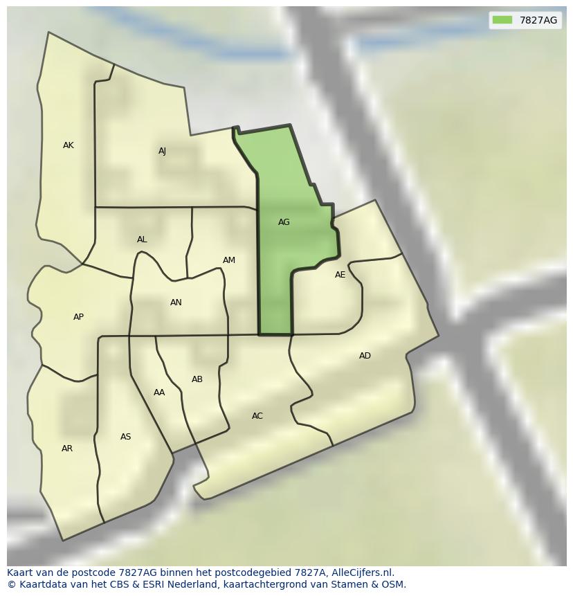 Afbeelding van het postcodegebied 7827 AG op de kaart.