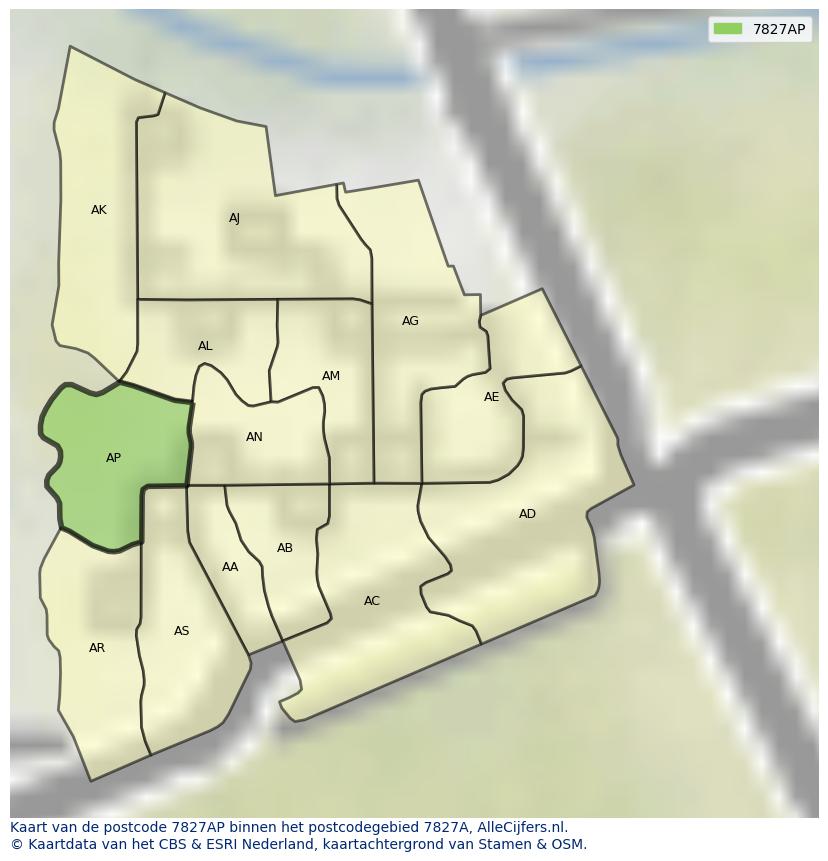 Afbeelding van het postcodegebied 7827 AP op de kaart.