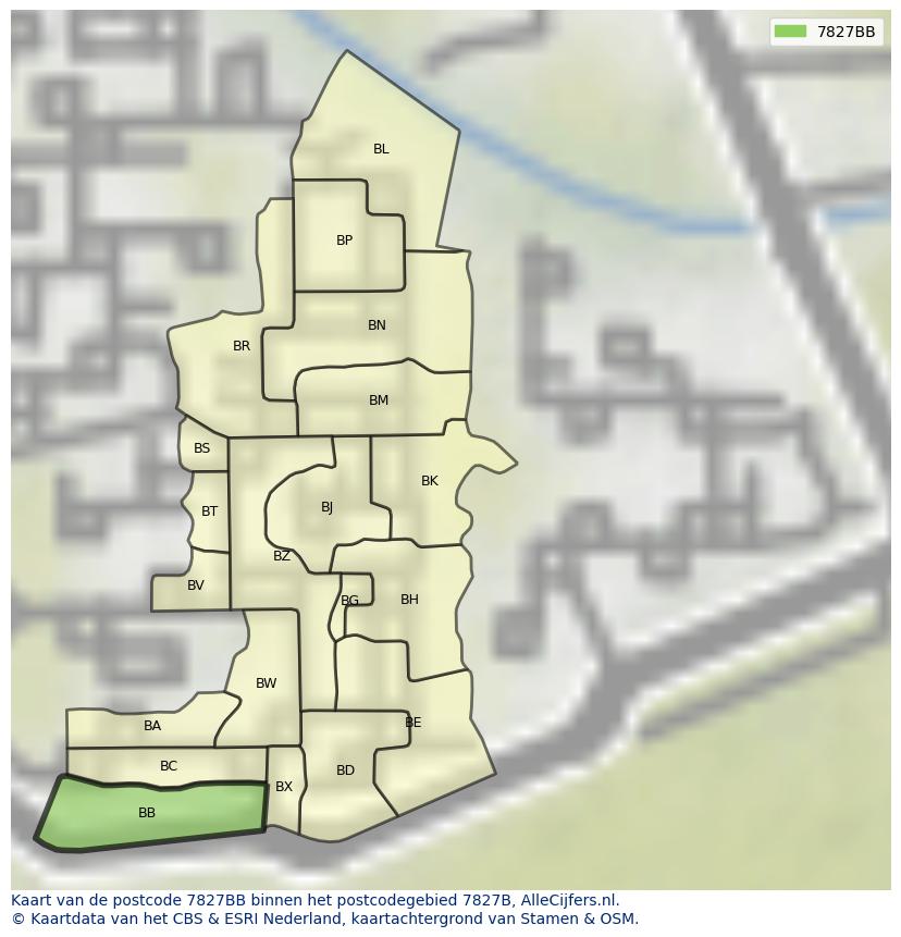 Afbeelding van het postcodegebied 7827 BB op de kaart.