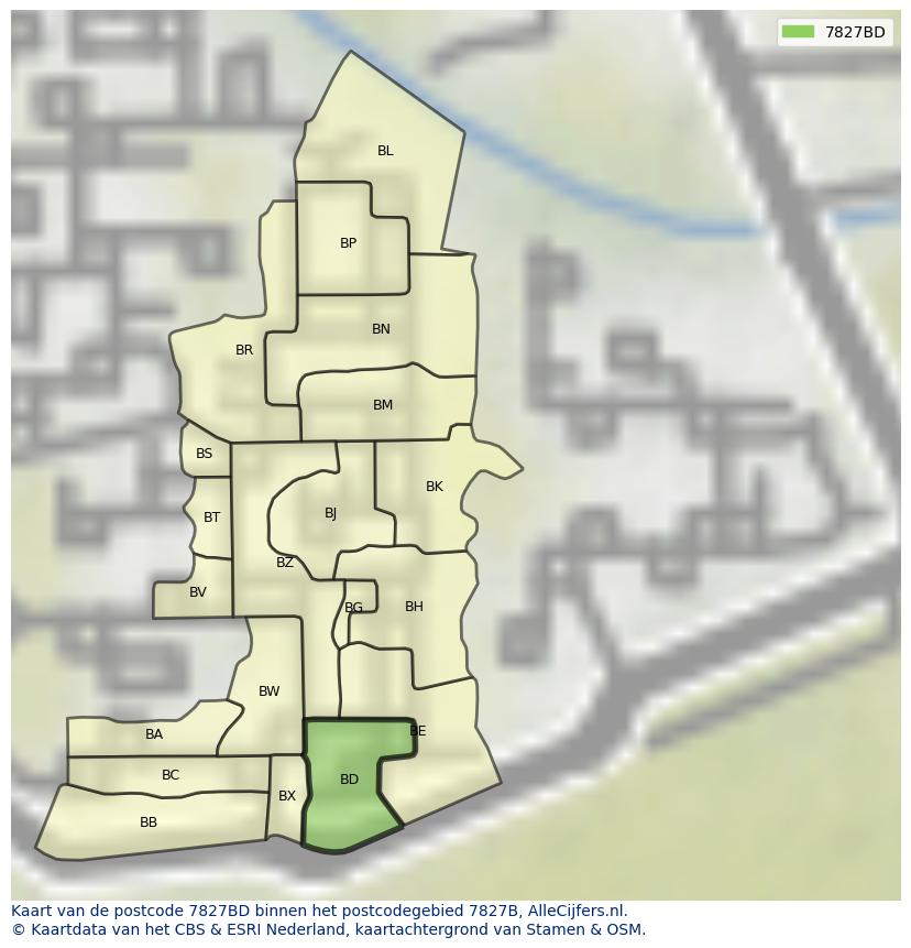 Afbeelding van het postcodegebied 7827 BD op de kaart.