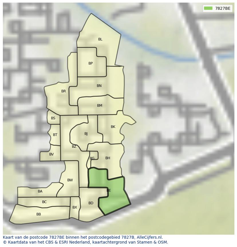 Afbeelding van het postcodegebied 7827 BE op de kaart.