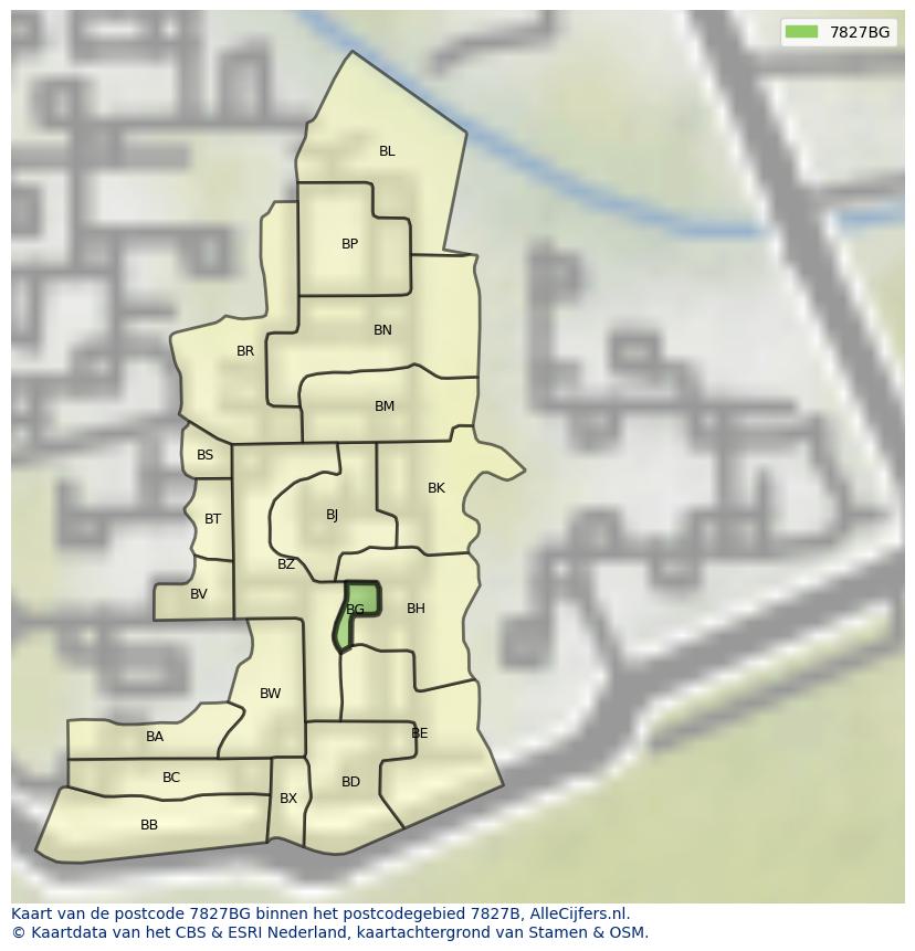 Afbeelding van het postcodegebied 7827 BG op de kaart.