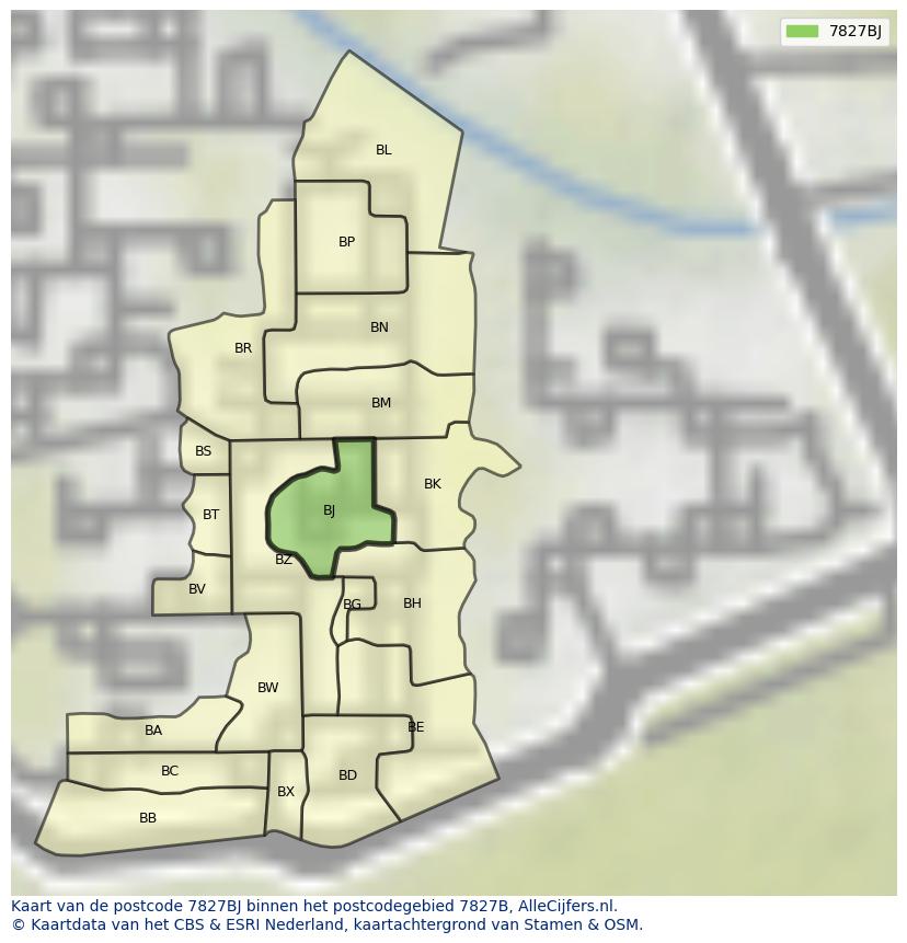 Afbeelding van het postcodegebied 7827 BJ op de kaart.