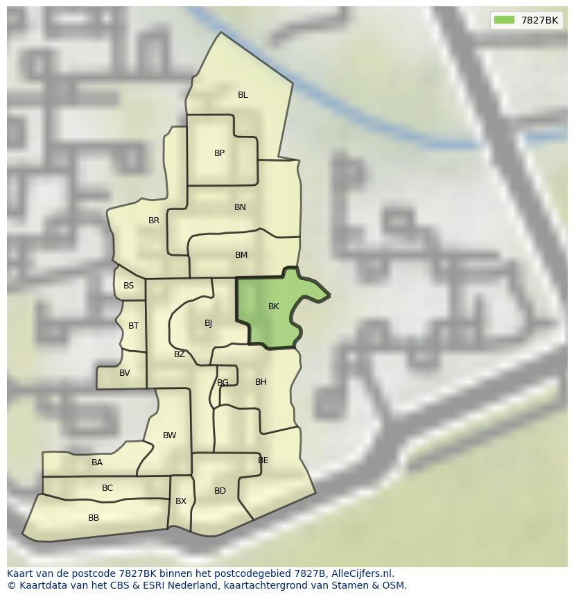 Afbeelding van het postcodegebied 7827 BK op de kaart.