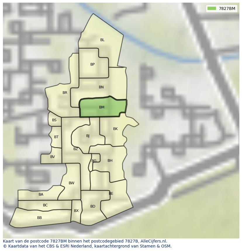 Afbeelding van het postcodegebied 7827 BM op de kaart.