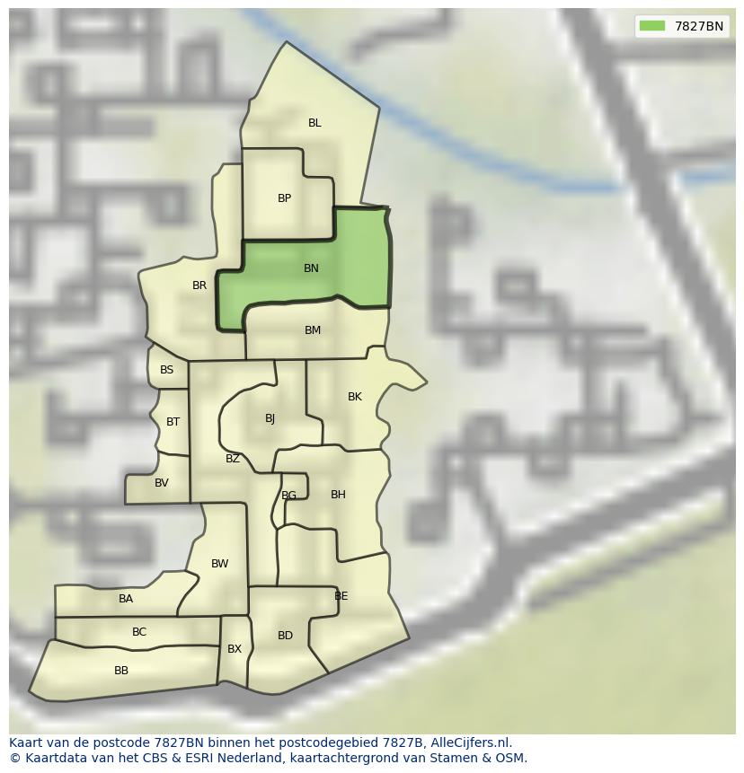 Afbeelding van het postcodegebied 7827 BN op de kaart.