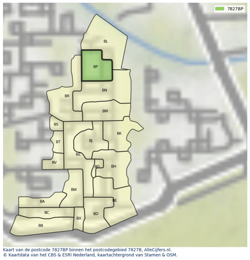 Afbeelding van het postcodegebied 7827 BP op de kaart.