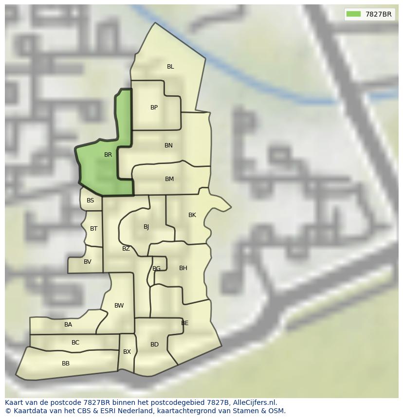 Afbeelding van het postcodegebied 7827 BR op de kaart.