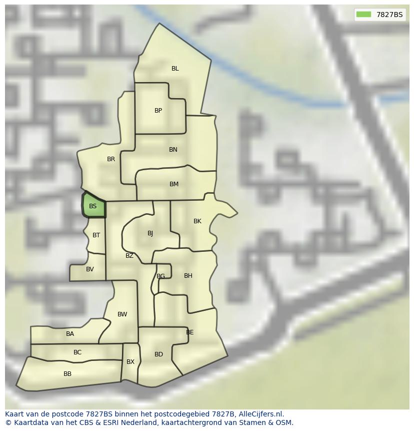 Afbeelding van het postcodegebied 7827 BS op de kaart.