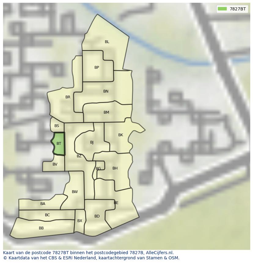 Afbeelding van het postcodegebied 7827 BT op de kaart.
