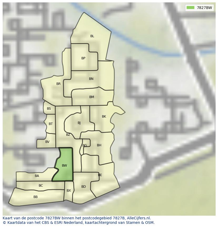 Afbeelding van het postcodegebied 7827 BW op de kaart.