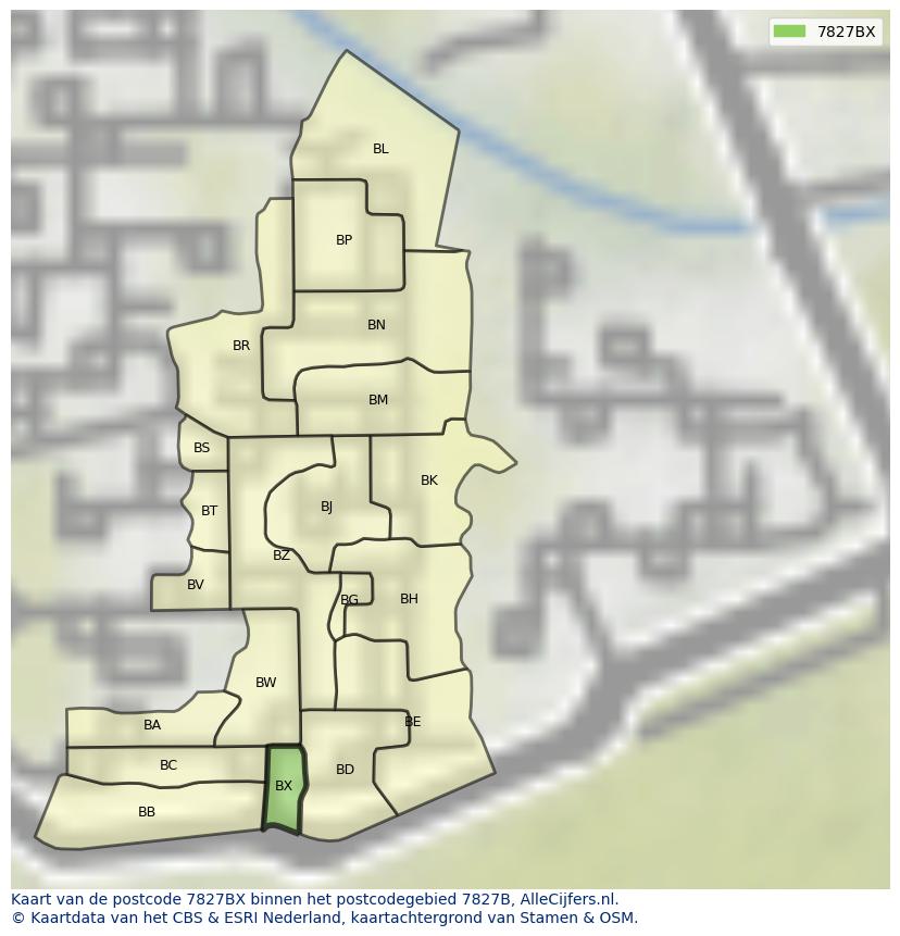 Afbeelding van het postcodegebied 7827 BX op de kaart.