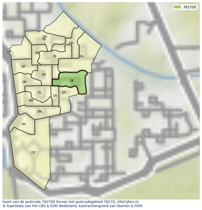 Afbeelding van het postcodegebied 7827 DE op de kaart.