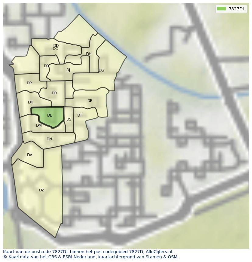 Afbeelding van het postcodegebied 7827 DL op de kaart.