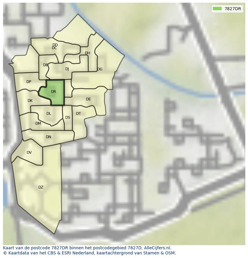 Afbeelding van het postcodegebied 7827 DR op de kaart.