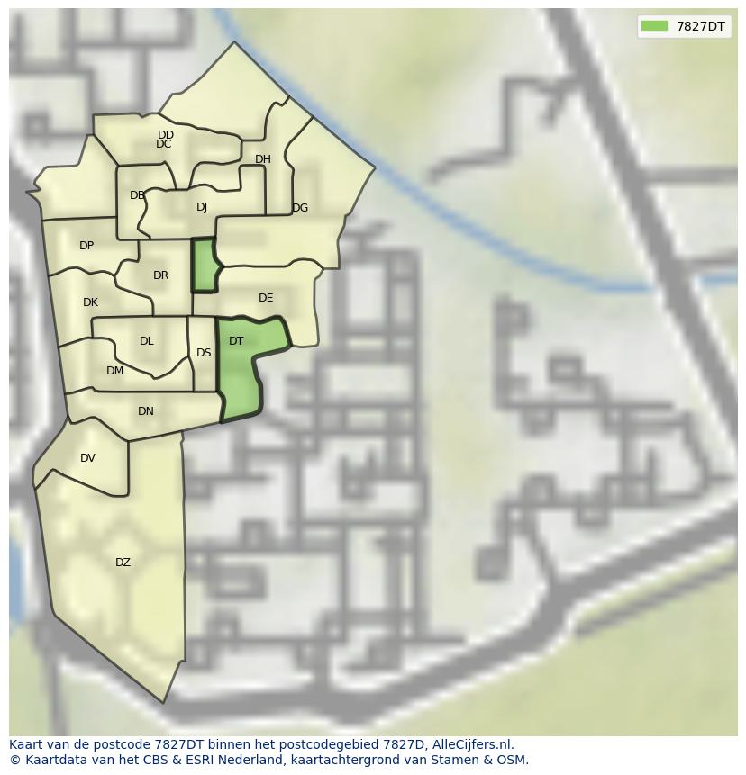 Afbeelding van het postcodegebied 7827 DT op de kaart.