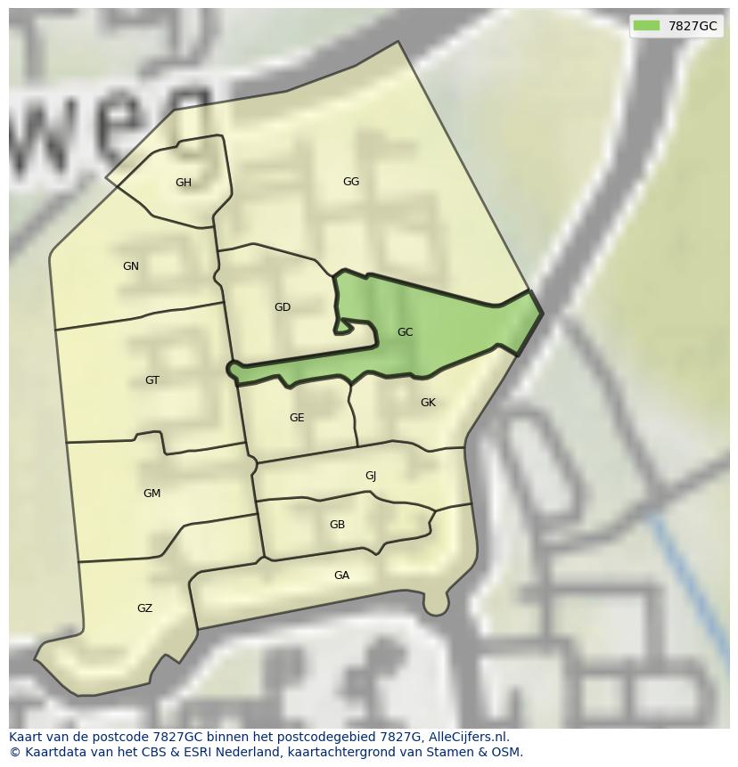Afbeelding van het postcodegebied 7827 GC op de kaart.