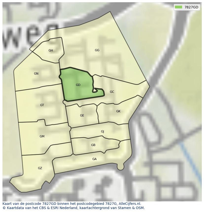 Afbeelding van het postcodegebied 7827 GD op de kaart.
