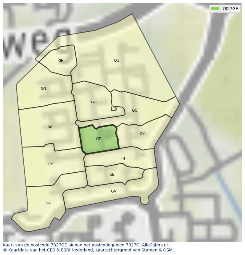 Afbeelding van het postcodegebied 7827 GE op de kaart.