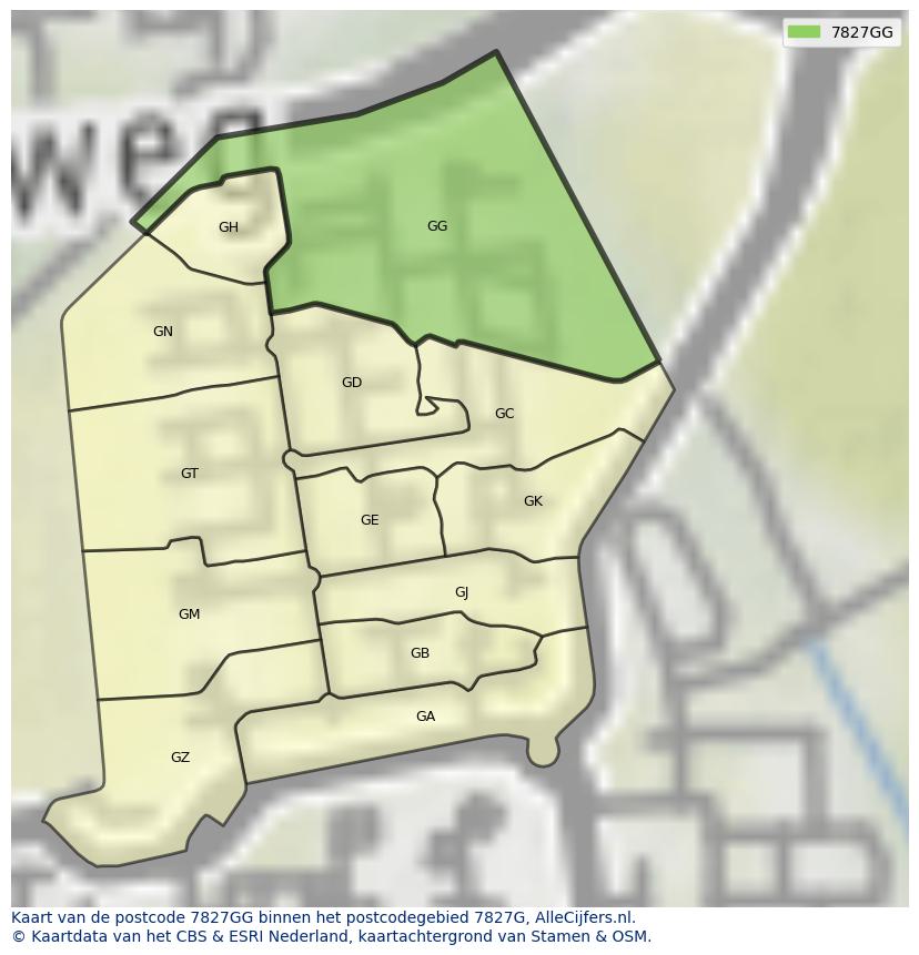 Afbeelding van het postcodegebied 7827 GG op de kaart.