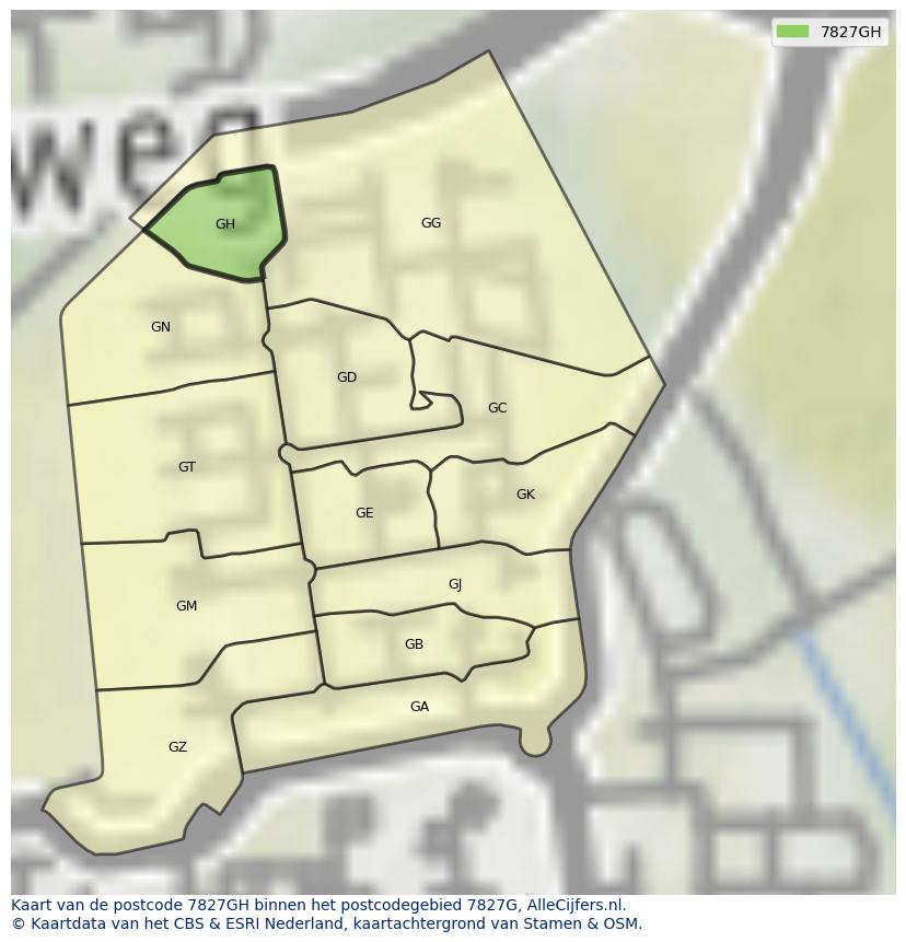 Afbeelding van het postcodegebied 7827 GH op de kaart.