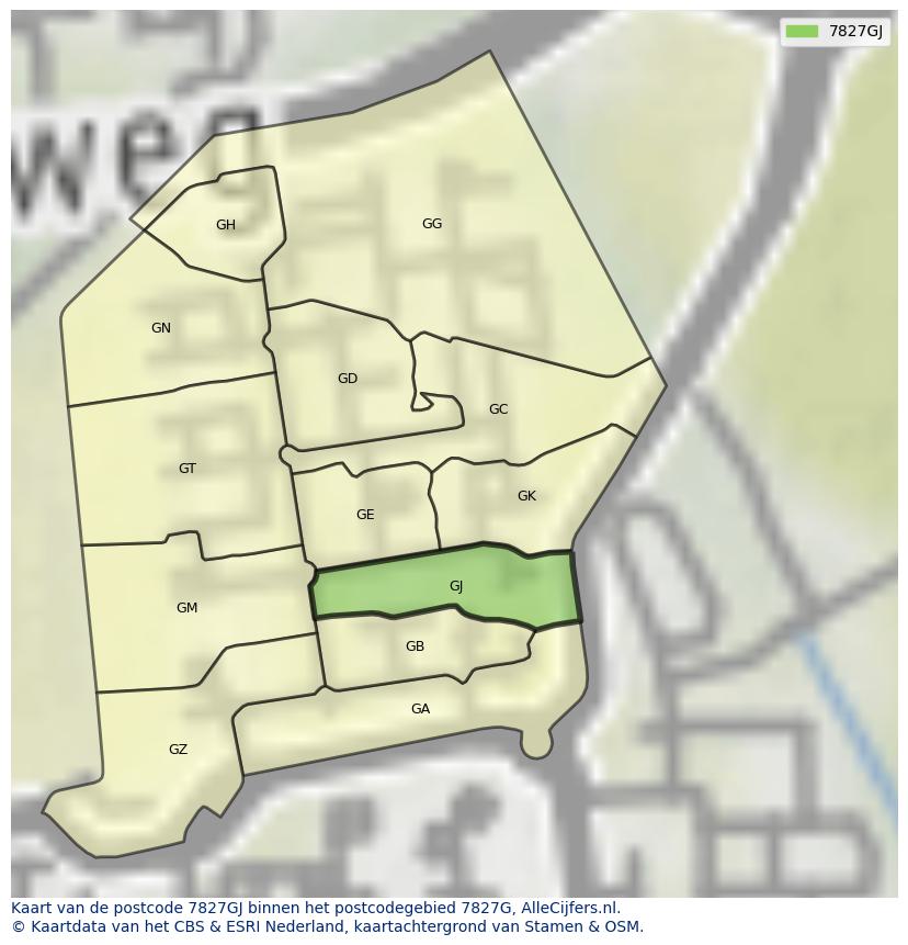 Afbeelding van het postcodegebied 7827 GJ op de kaart.