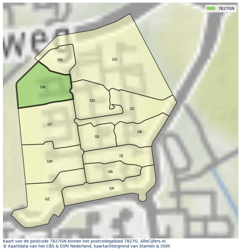 Afbeelding van het postcodegebied 7827 GN op de kaart.