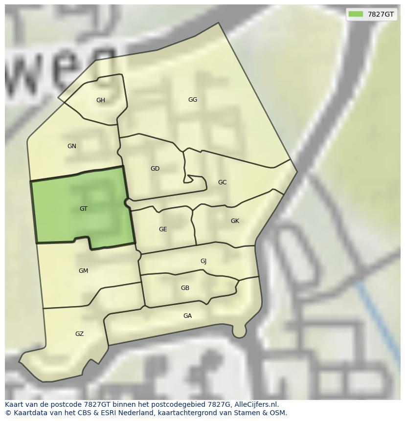 Afbeelding van het postcodegebied 7827 GT op de kaart.