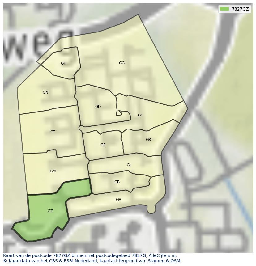 Afbeelding van het postcodegebied 7827 GZ op de kaart.