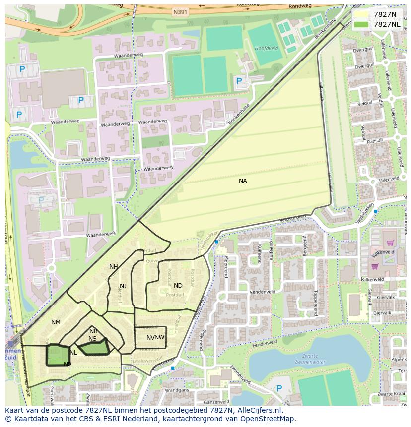 Afbeelding van het postcodegebied 7827 NL op de kaart.