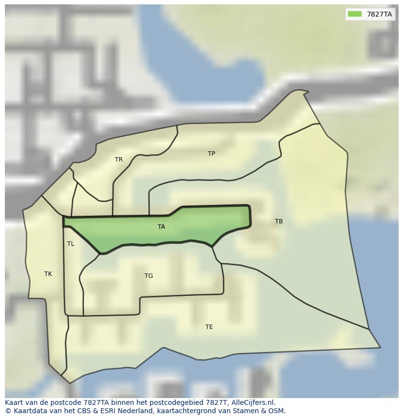 Afbeelding van het postcodegebied 7827 TA op de kaart.