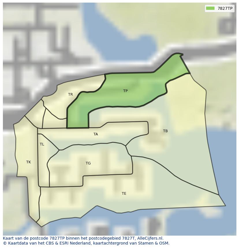 Afbeelding van het postcodegebied 7827 TP op de kaart.