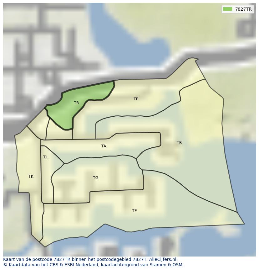 Afbeelding van het postcodegebied 7827 TR op de kaart.
