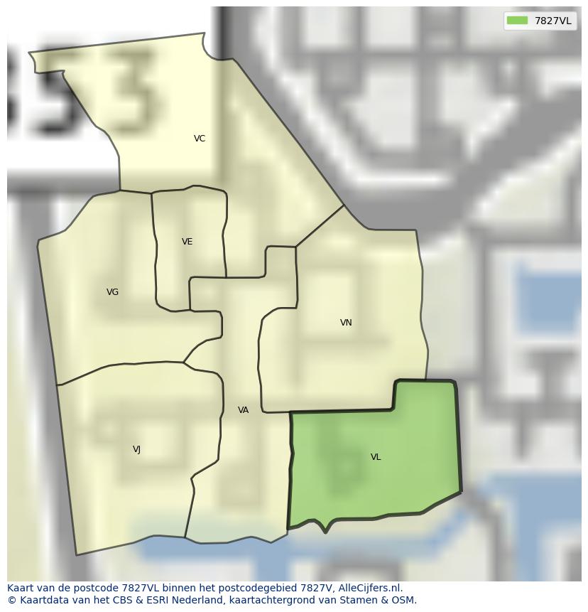 Afbeelding van het postcodegebied 7827 VL op de kaart.
