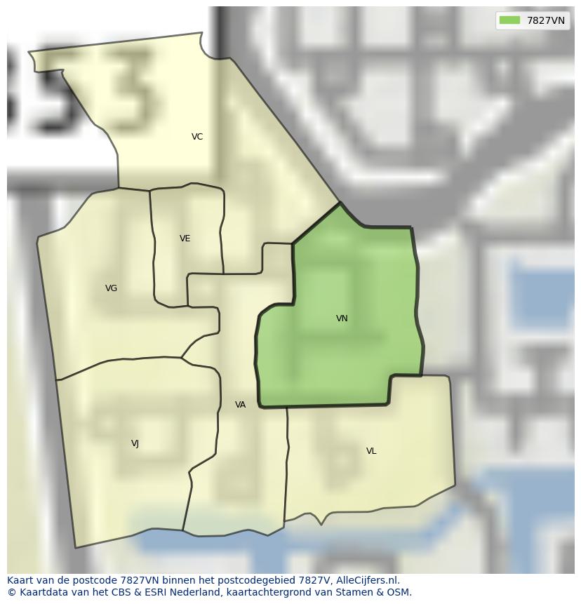 Afbeelding van het postcodegebied 7827 VN op de kaart.