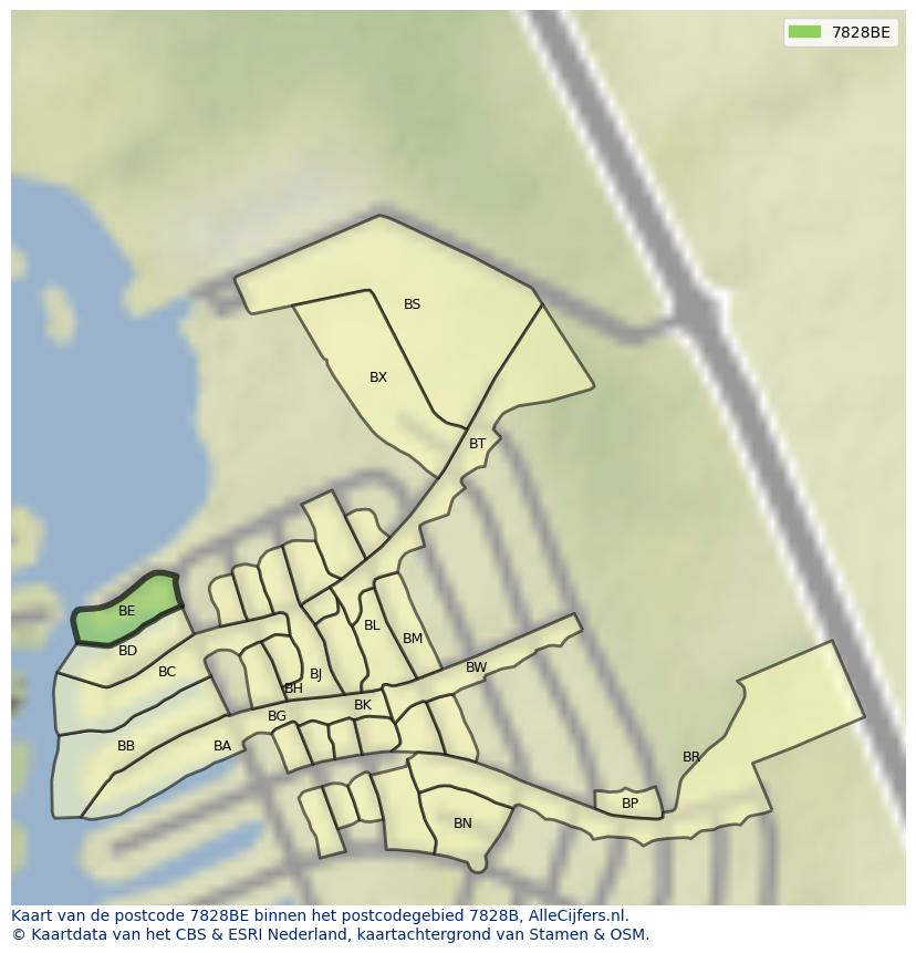 Afbeelding van het postcodegebied 7828 BE op de kaart.