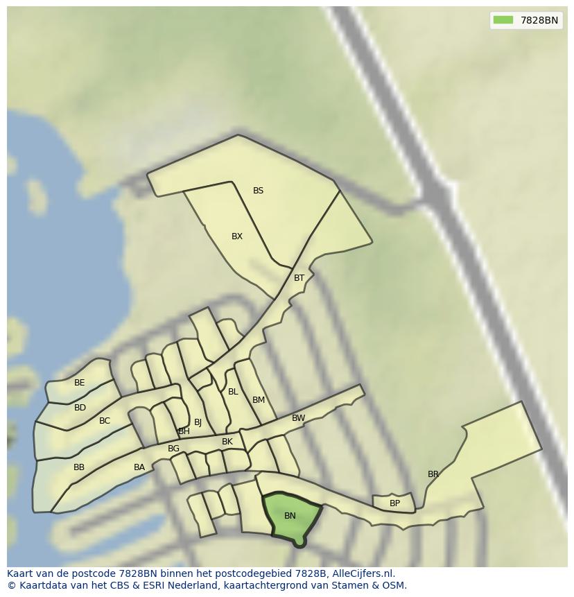 Afbeelding van het postcodegebied 7828 BN op de kaart.