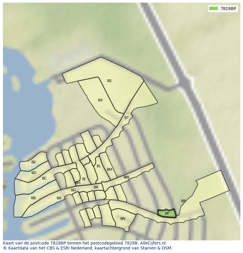 Afbeelding van het postcodegebied 7828 BP op de kaart.