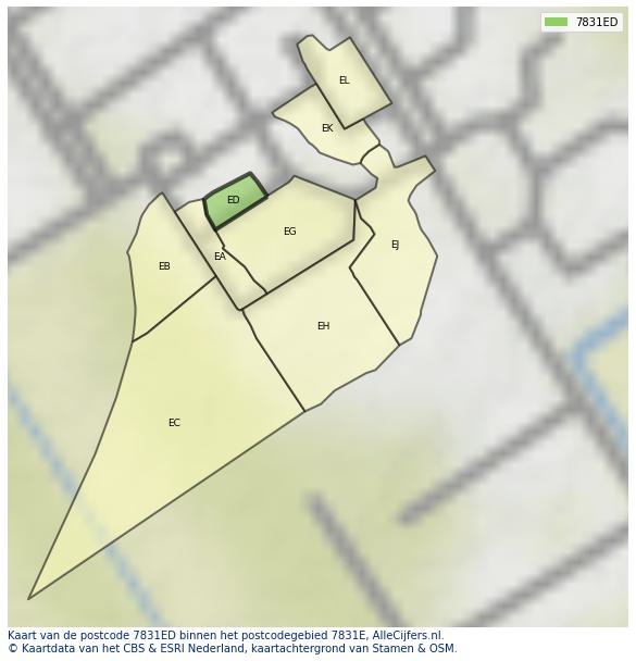 Afbeelding van het postcodegebied 7831 ED op de kaart.