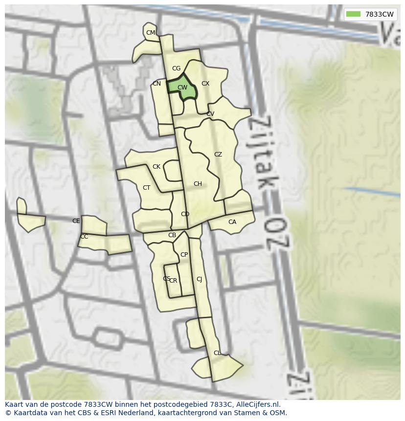 Afbeelding van het postcodegebied 7833 CW op de kaart.