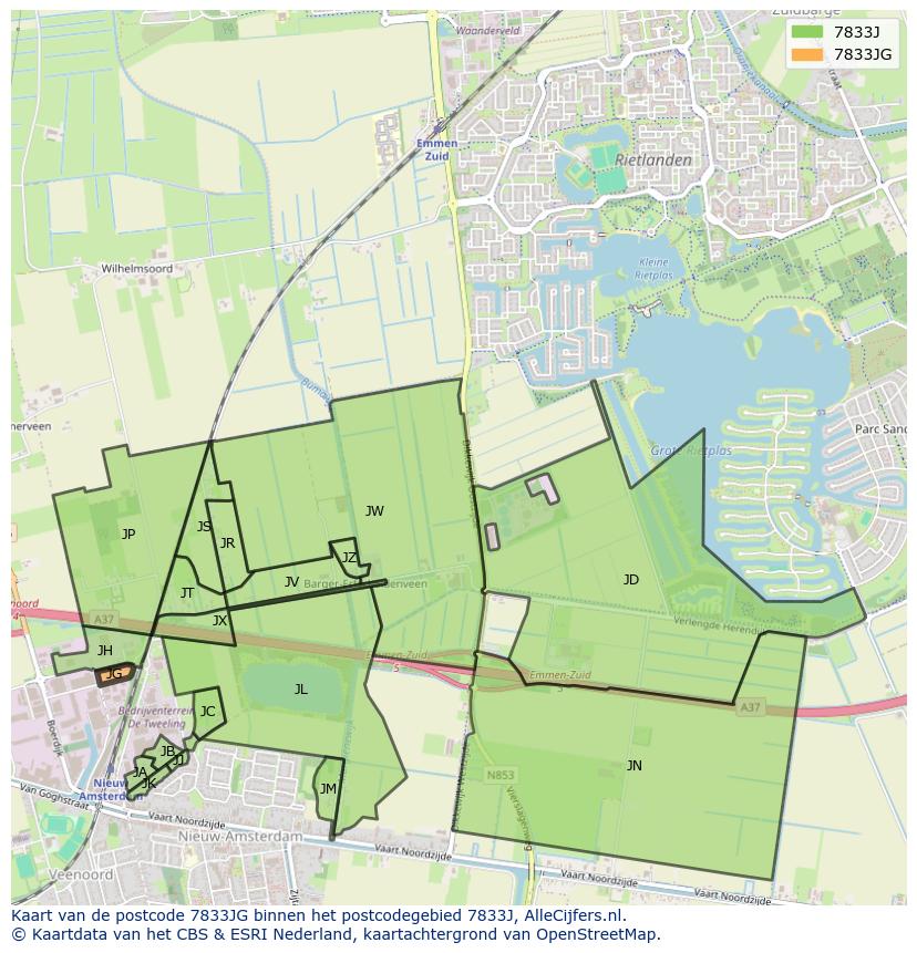 Afbeelding van het postcodegebied 7833 JG op de kaart.