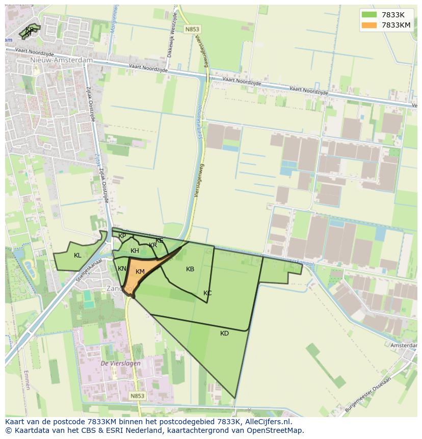 Afbeelding van het postcodegebied 7833 KM op de kaart.