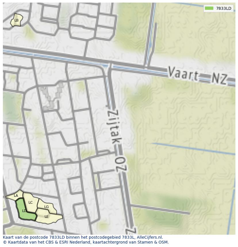 Afbeelding van het postcodegebied 7833 LD op de kaart.