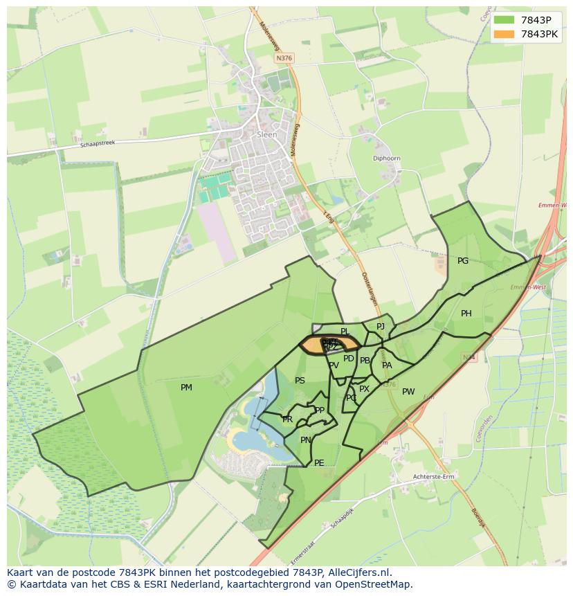 Afbeelding van het postcodegebied 7843 PK op de kaart.